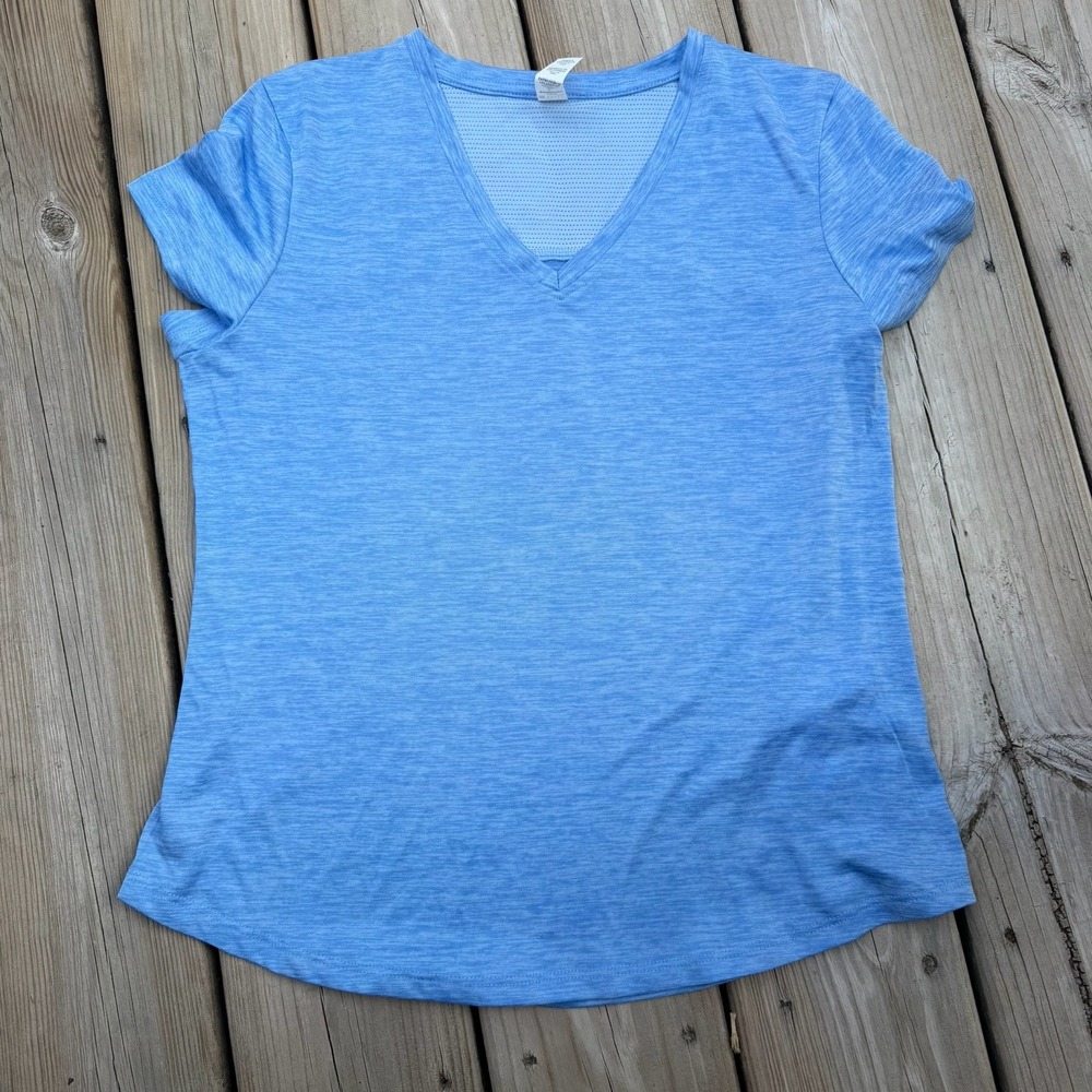 Bally Total Fitness Womens S Blue Mesh Back Workout Top Short Sleeve Athletic